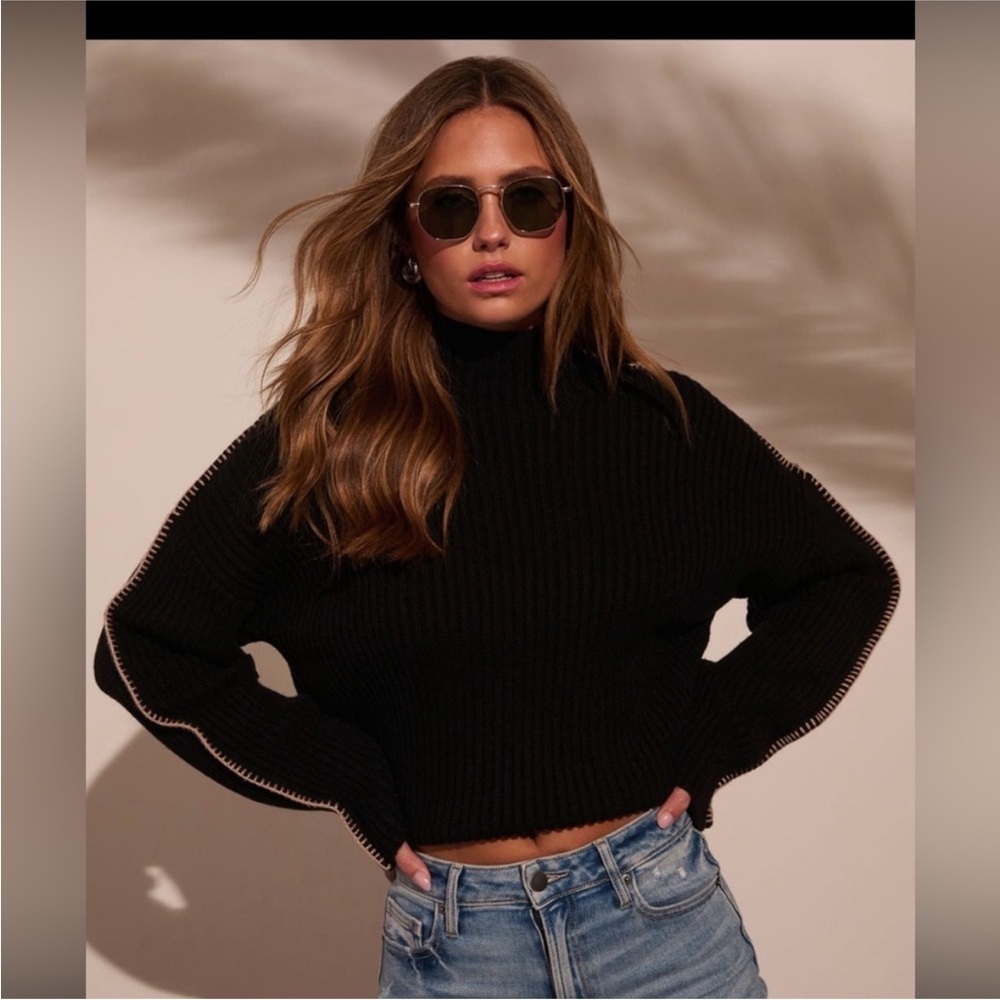 Vici Black Ribbed Turtleneck Sweater with Contrast Stitch - Picture 6 of 8